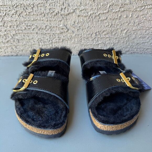 Birkenstock Arizona Shearling Eyelet Sandals Womens 41EU /10US Shiny Black Gold - Picture 2 of 13
